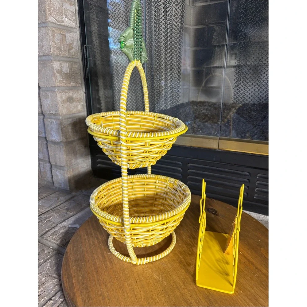Yellow Pineapple Two-Tier Basket Stand & Matching Metal Napkin Holder Summer NEW